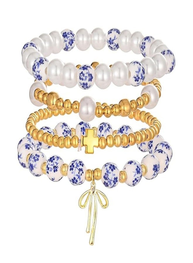 GLMOCM Gold Bow Bracelet for Women Beaded Bow Charm Bracelets Pearl Bow Stretch Bracelets Gold Bead Stackable Bracelet Fashion Jewelry for Women (4 Pieces Blue) - Image 1